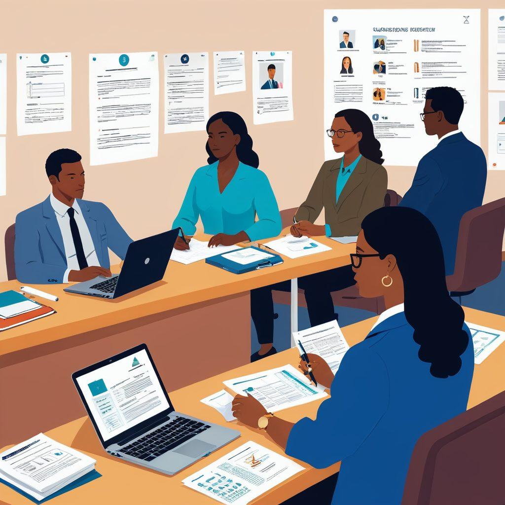An illustration depicting a professional setting with a person reviewing a detailed background verification report, surrounded by icons representing various checks: education, employment, criminal record, and references. In the background, a diverse group of candidates patiently awaits their interviews, showcasing inclusivity. A bright, optimistic color palette to convey success in hiring. vibrant colors. flat design.