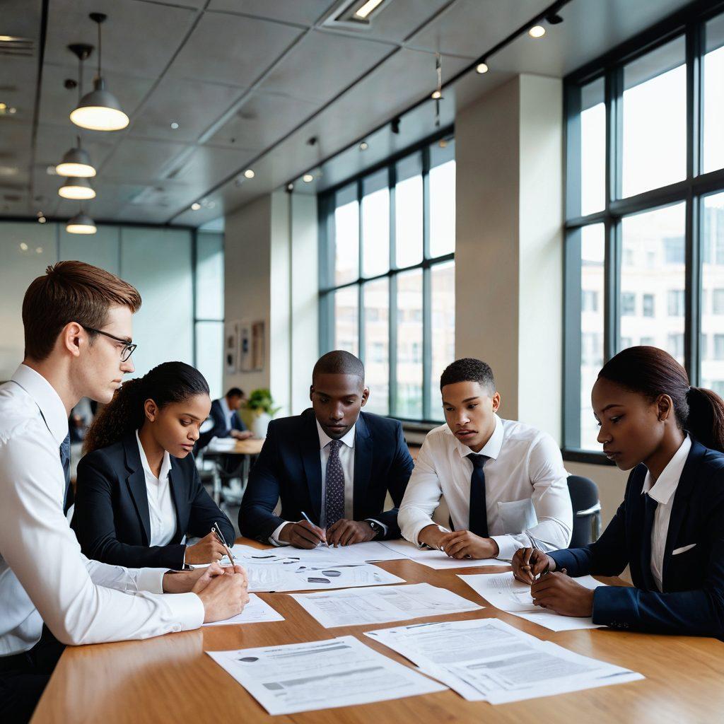A professional scene depicting a diverse group of individuals engaged in a pre-employment check process, showcasing elements like resumes, background checks, and interviews. The setting should be an office with a large window allowing natural light, symbolizing transparency and diligence. Include icons representing various checks like criminal records, credit score, and references. The mood should be informative yet inviting. super-realistic. vibrant colors. office setting.